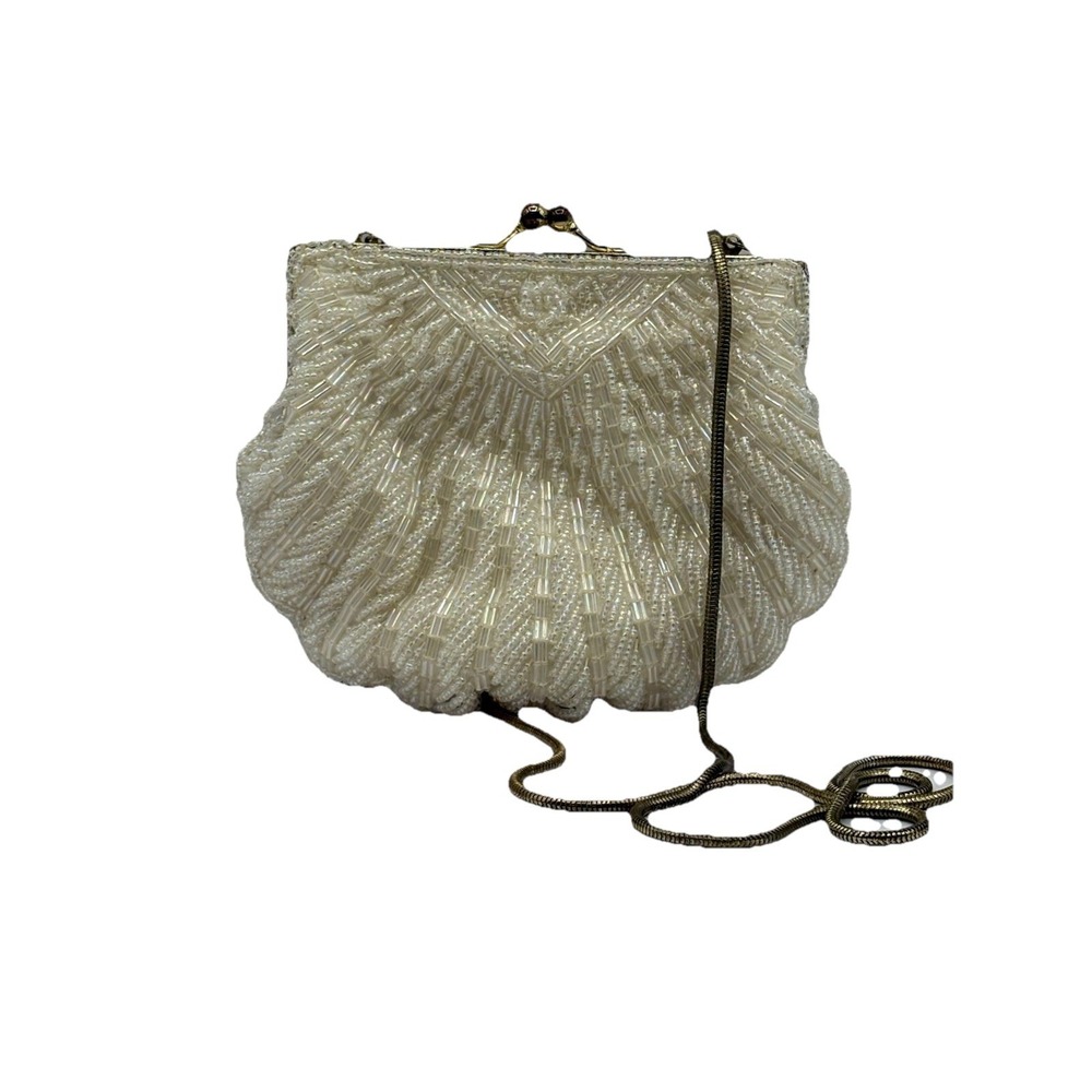 Vintage White Beaded Shell Shaped Evening Bag Purse Iridescent Clamshell